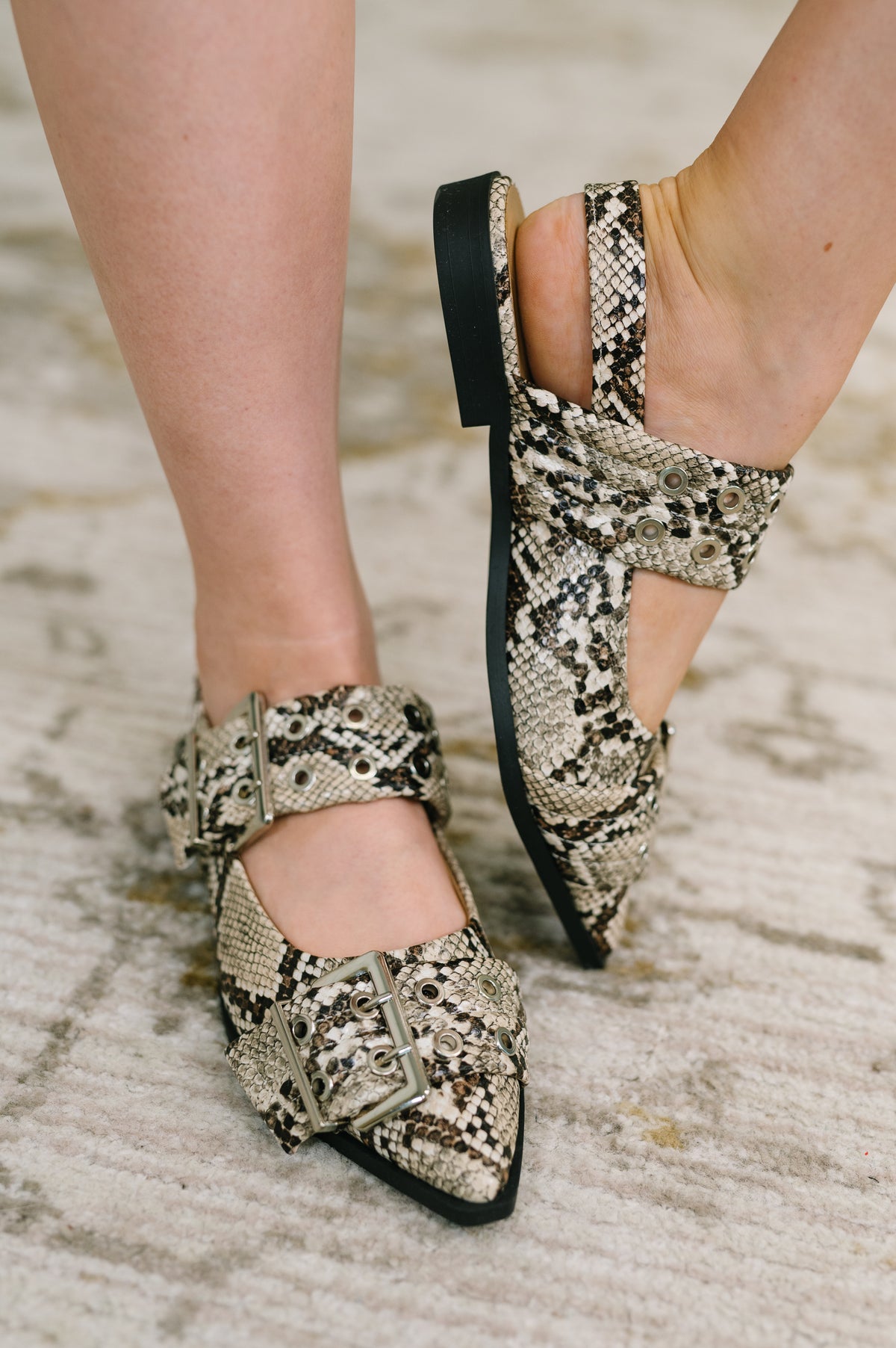 Crazy Train Buckle Pointy Toe Flats in Snakeskin - 8/18/2026