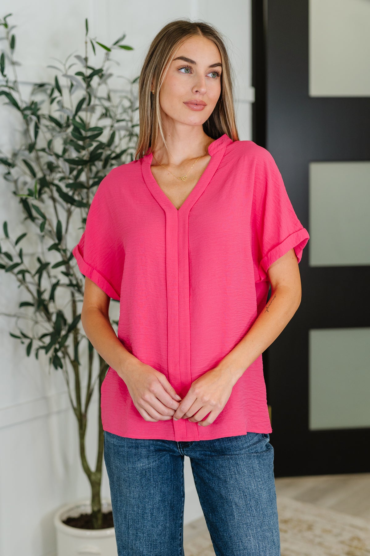 PREORDER: Crinkle Wove V-Neck Blouse in Four Colors - Ships in 4 weeks