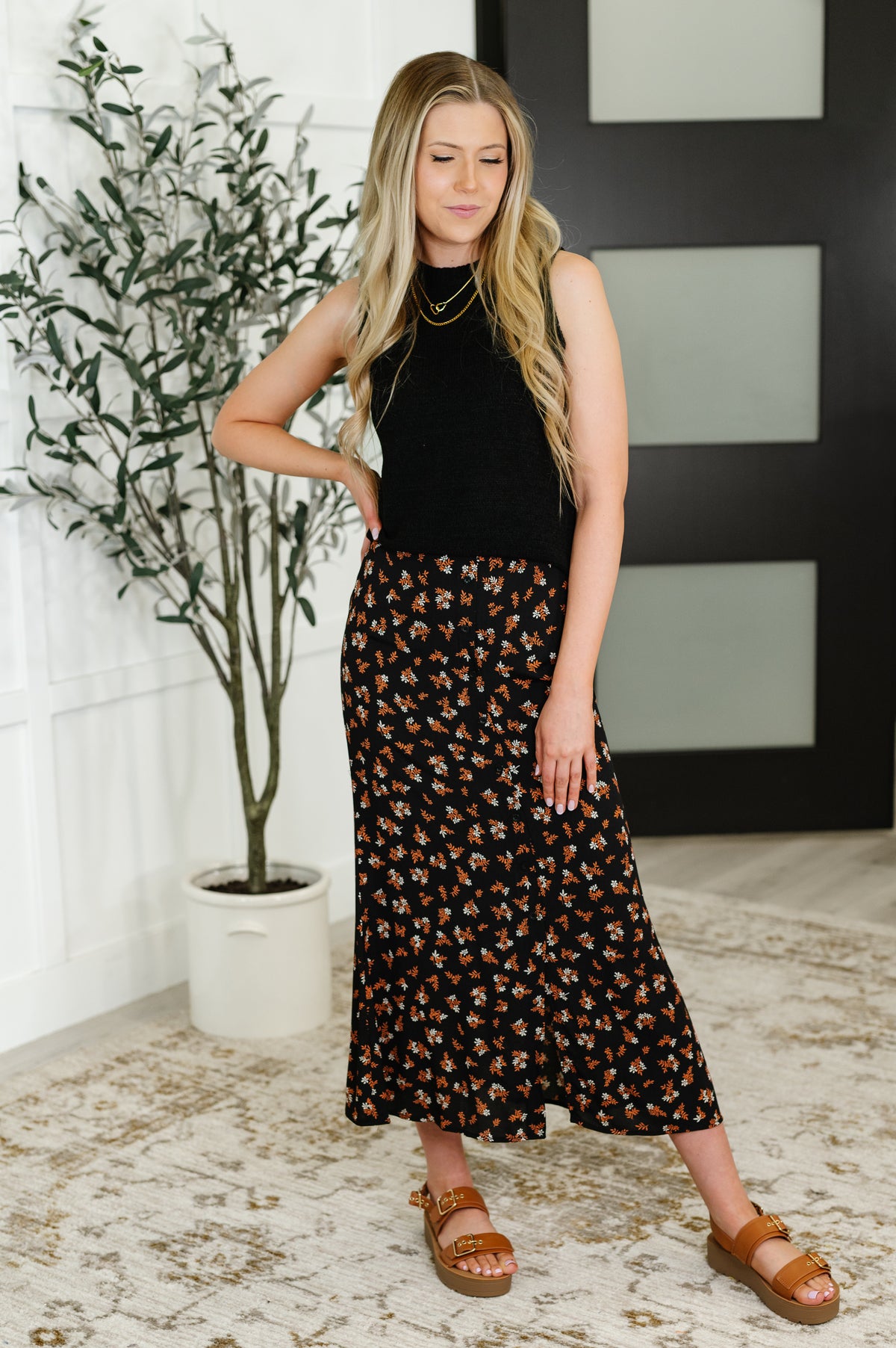 Crisp Kiss Midi Skirt in Rust, White and Black - 7/15/2025