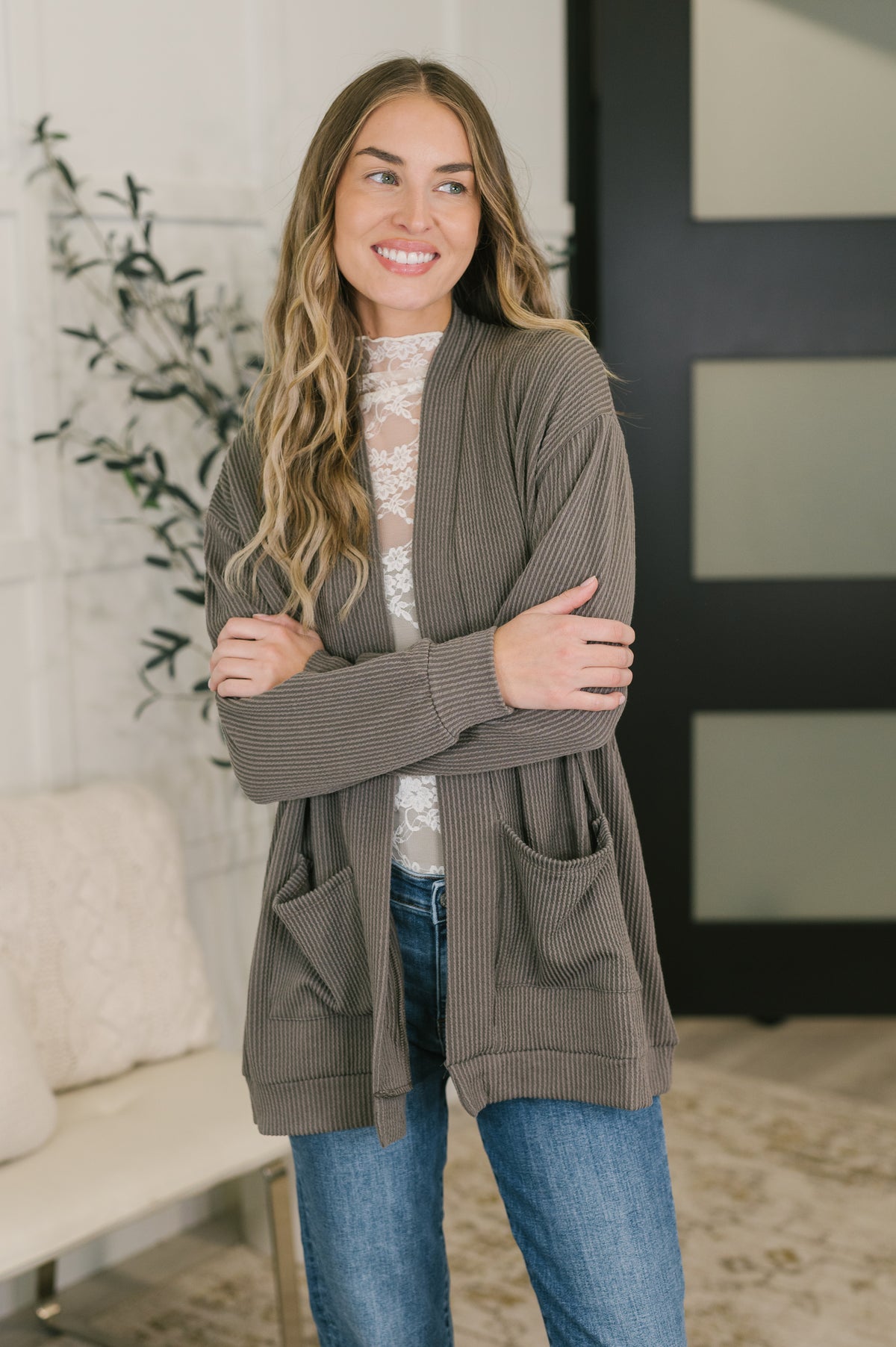 Curly Ribbed Ember Open Front Cardigan in Charcoal - 11/13/2026