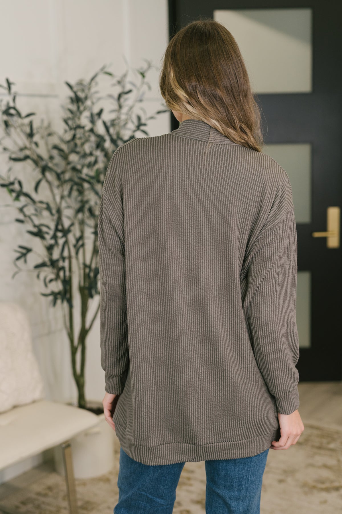 Curly Ribbed Ember Open Front Cardigan in Charcoal - 11/13/2026