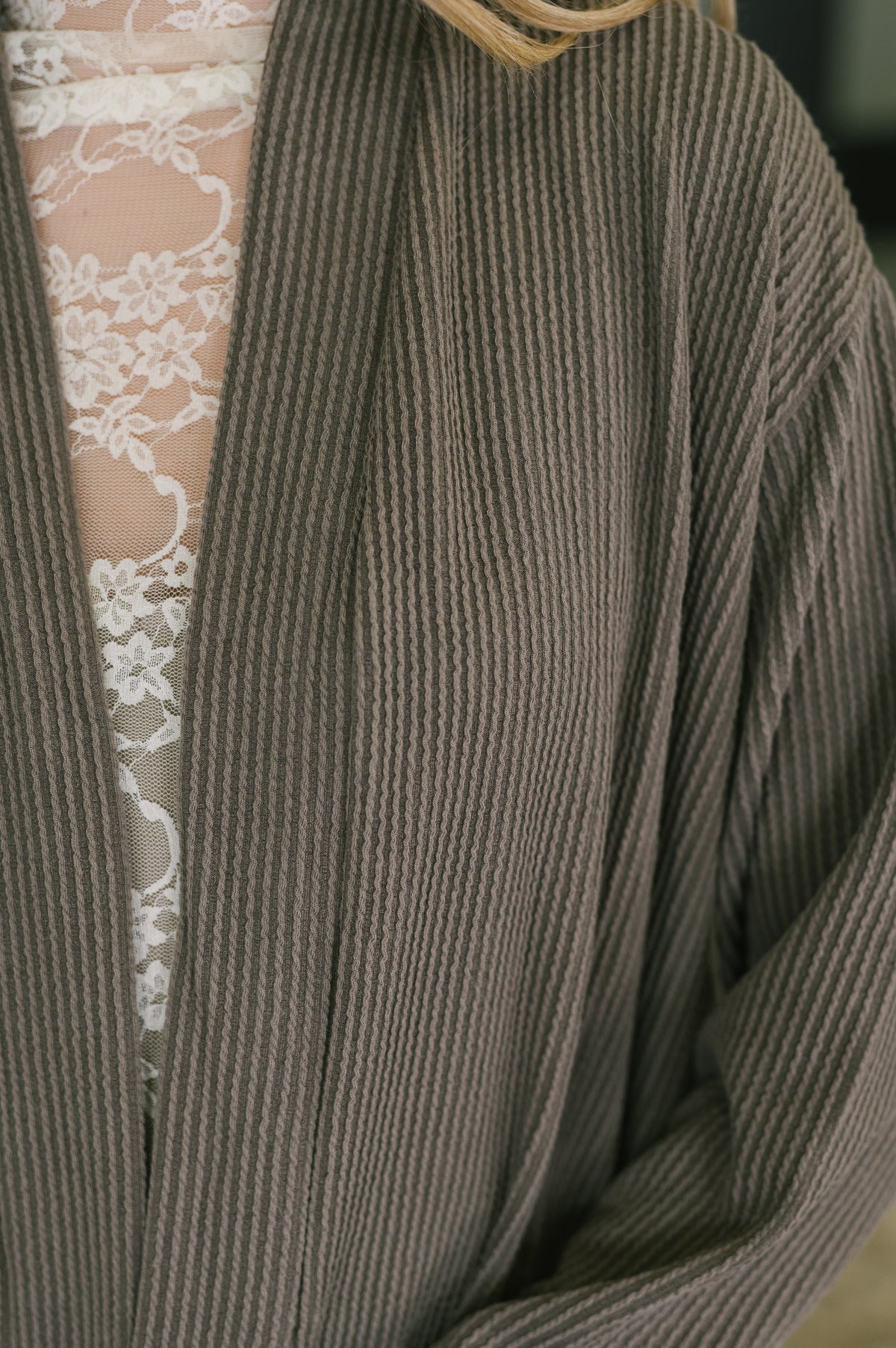 Curly Ribbed Ember Open Front Cardigan in Charcoal - 11/13/2026