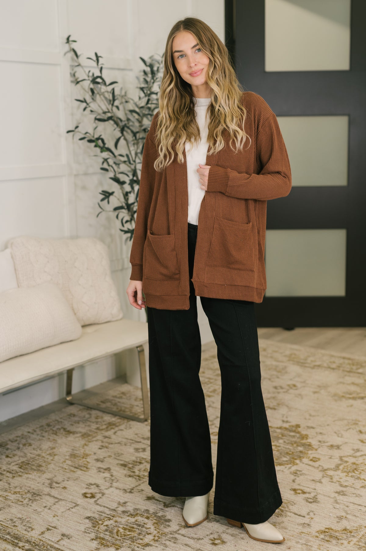 Curly Ribbed Ember Open Front Cardigan in Rust - 11/13/2026