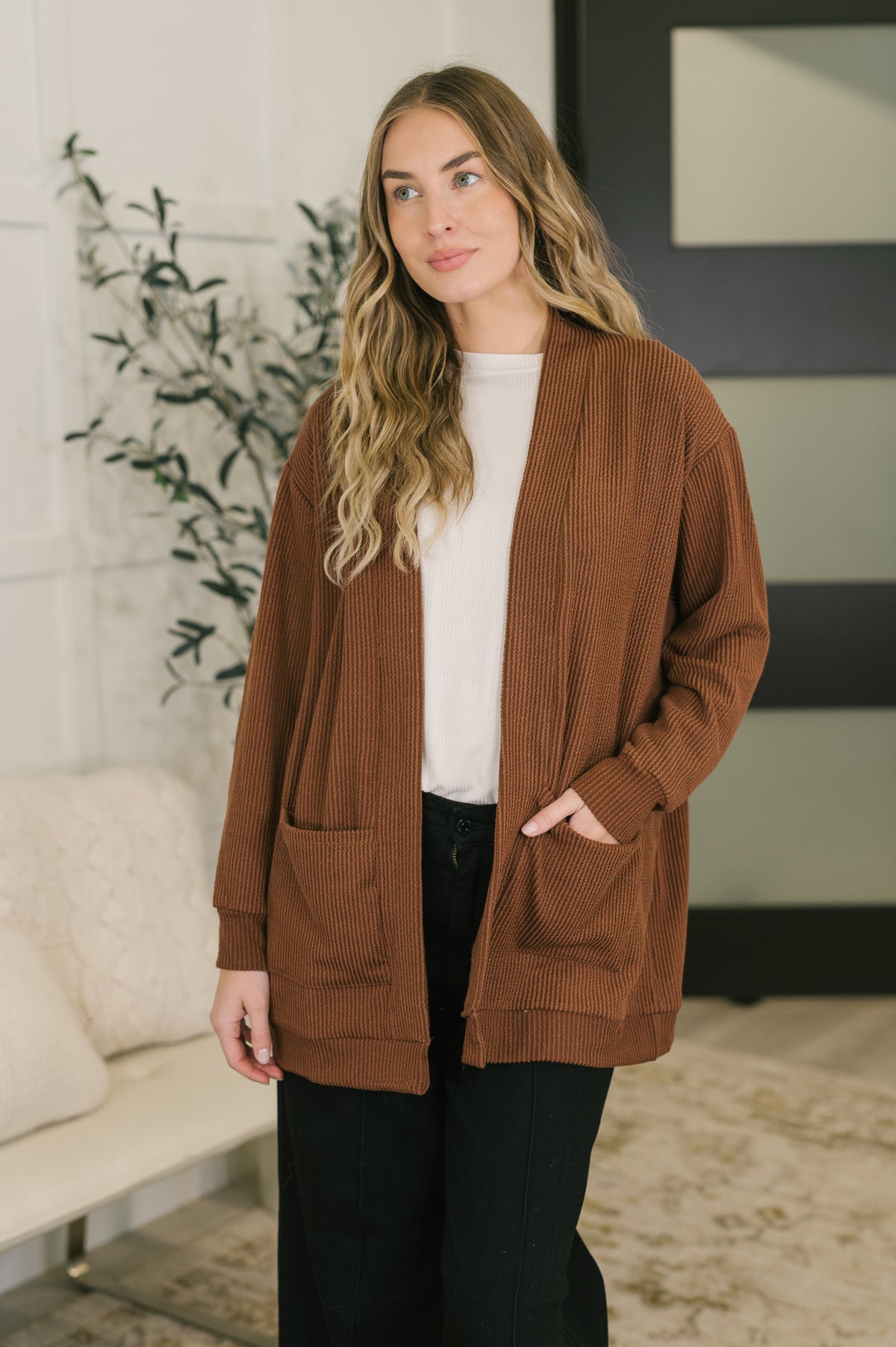 Curly Ribbed Ember Open Front Cardigan in Rust - 11/13/2026