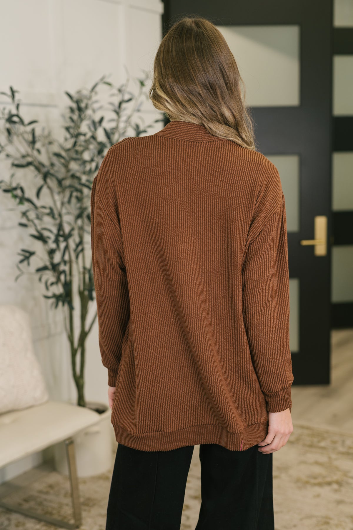 Curly Ribbed Ember Open Front Cardigan in Rust - 11/13/2026