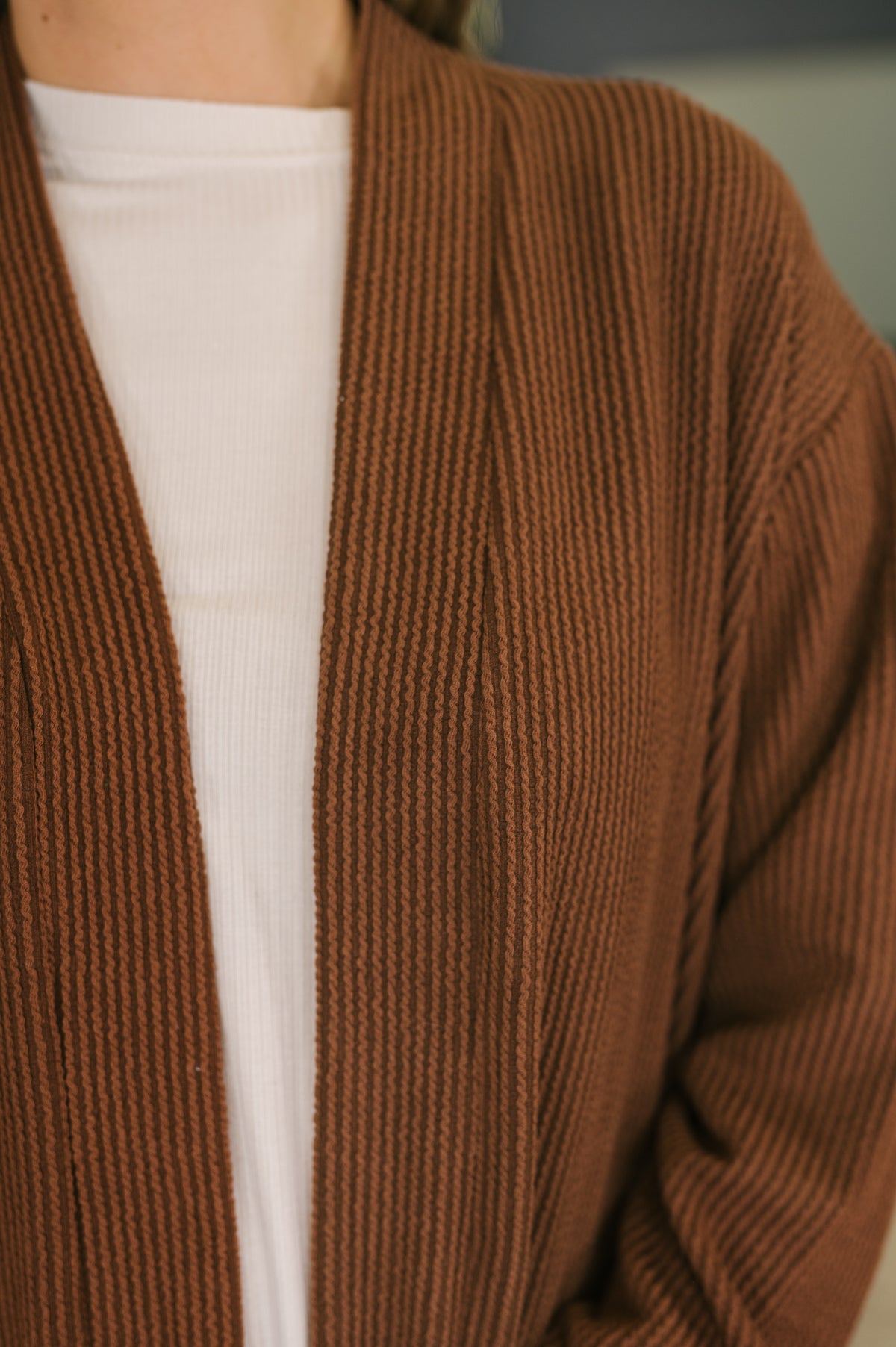 Curly Ribbed Ember Open Front Cardigan in Rust - 11/13/2026