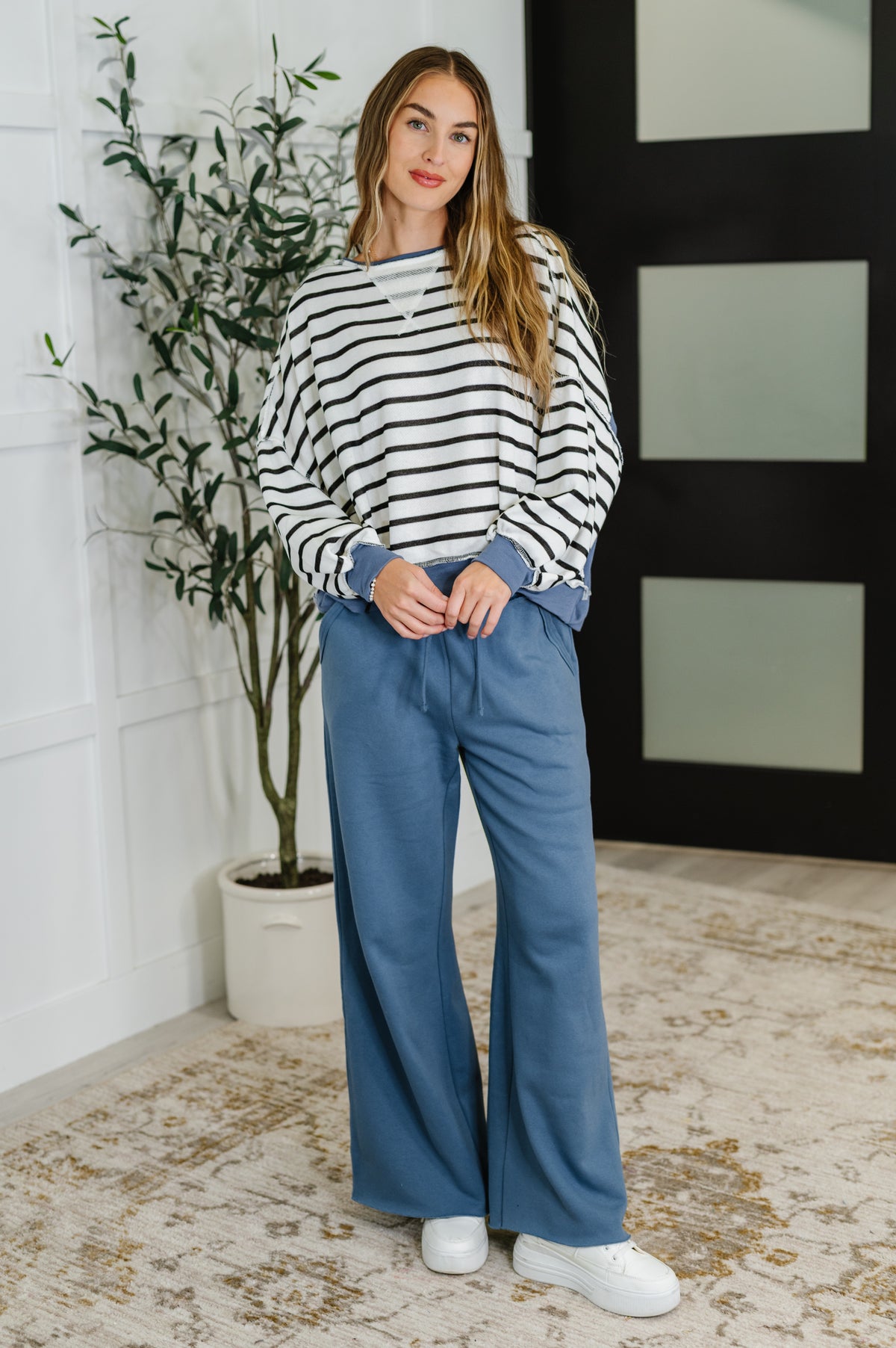 Cute in Comfort Crew Neck Pullover in White, Black and Denim - 8/19/2025