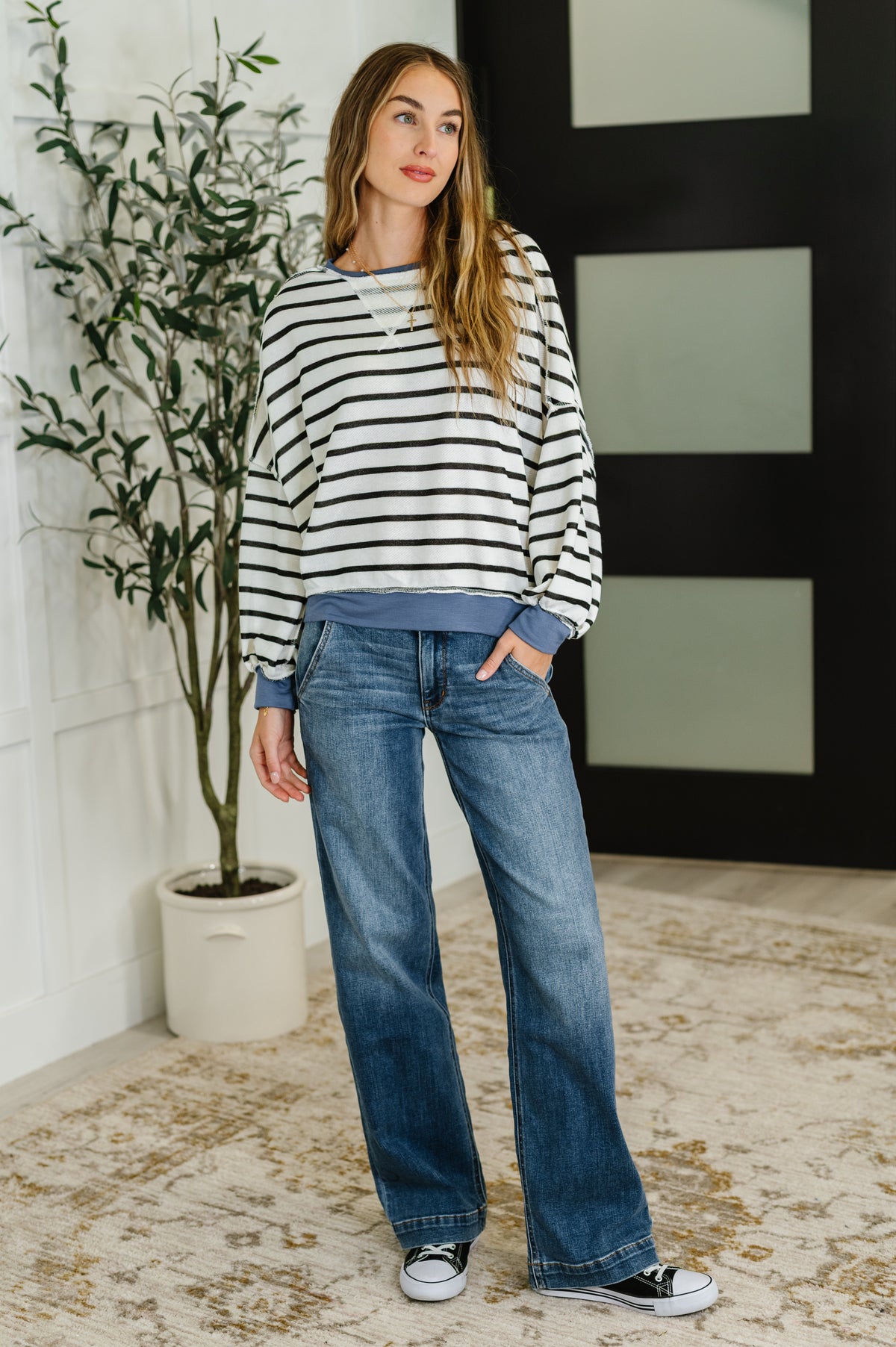 Cute in Comfort Crew Neck Pullover in White, Black and Denim - 8/19/2025