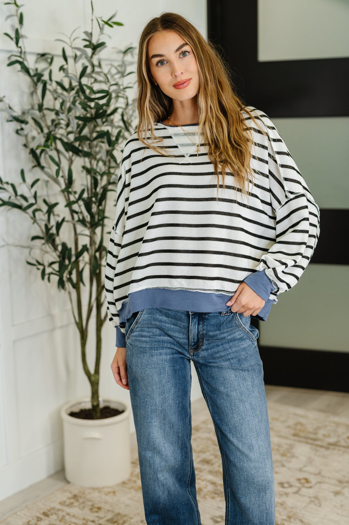 Cute in Comfort Crew Neck Pullover in White, Black and Denim - 8/19/2025