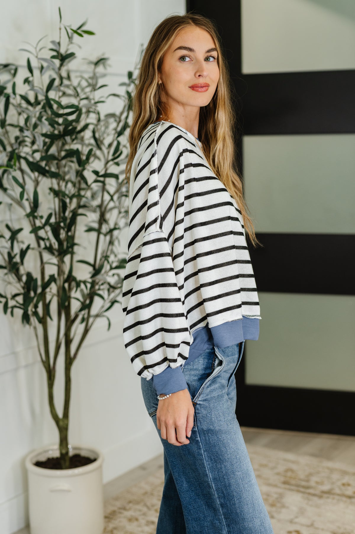 Cute in Comfort Crew Neck Pullover in White, Black and Denim - 8/19/2025