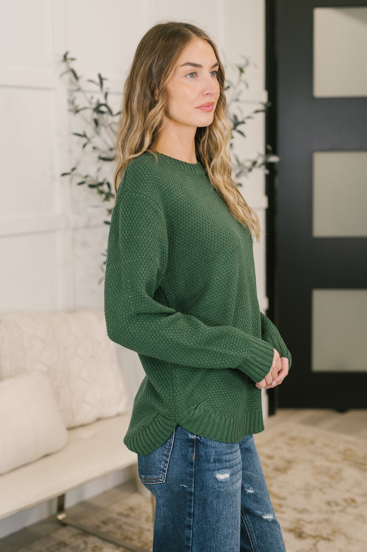 Daily Layer High Low Long Sleeve Waffle Sweater in Dark Green - 11/11/2026