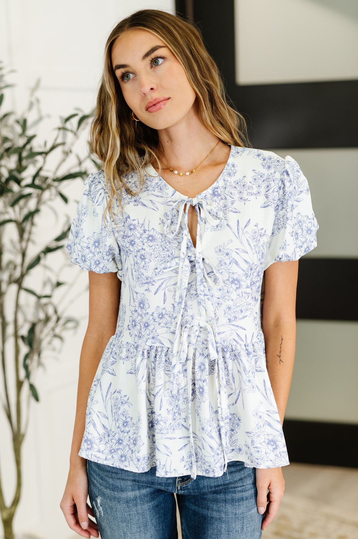 Dainty Lil' Thing Balloon Sleeve Blouse in Ivory/Blue - 6/6/2025