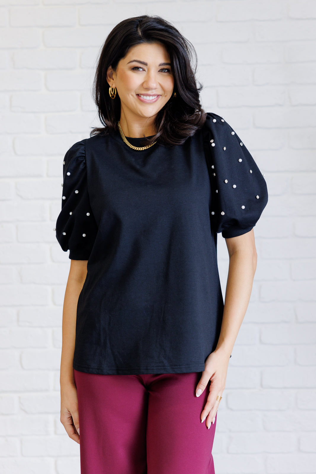 Diamonds and Pearls Puff Sleeve Top in Black - 11/19/2024