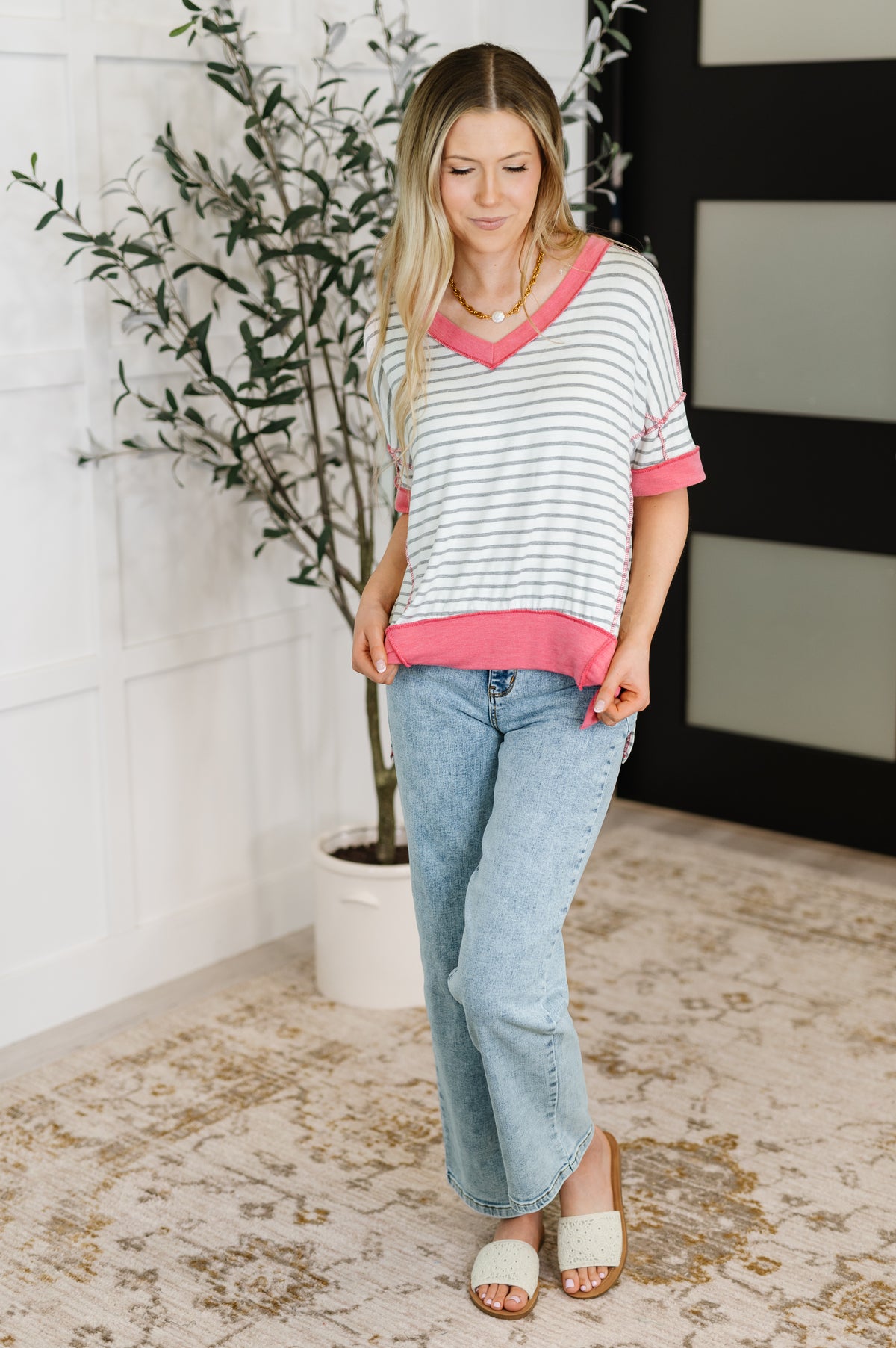 Dressed to Chill V-Neck Top in Heather/Grey/Ivory/Pink - 6/20/2025