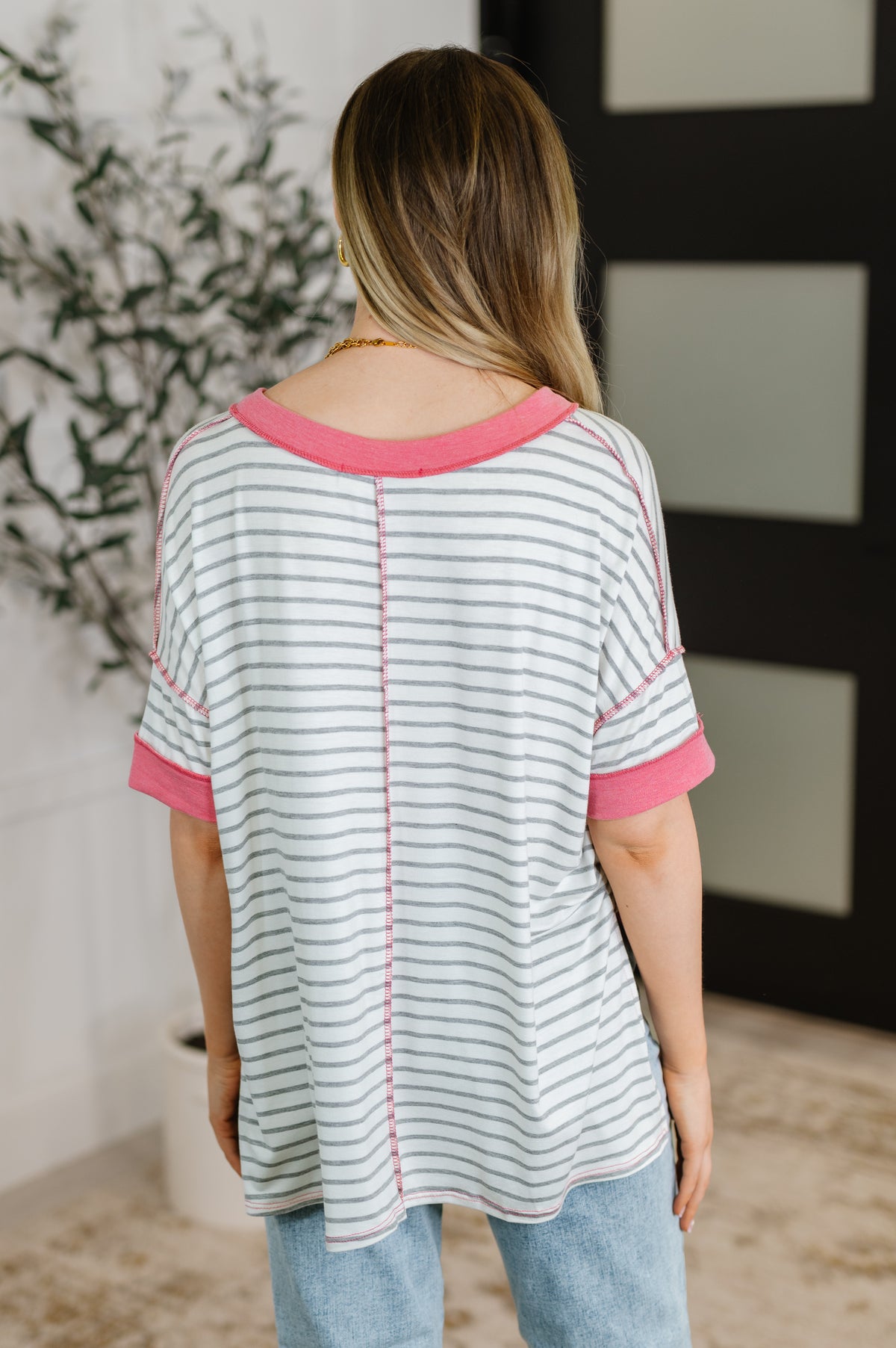 Dressed to Chill V-Neck Top in Heather/Grey/Ivory/Pink - 6/20/2025