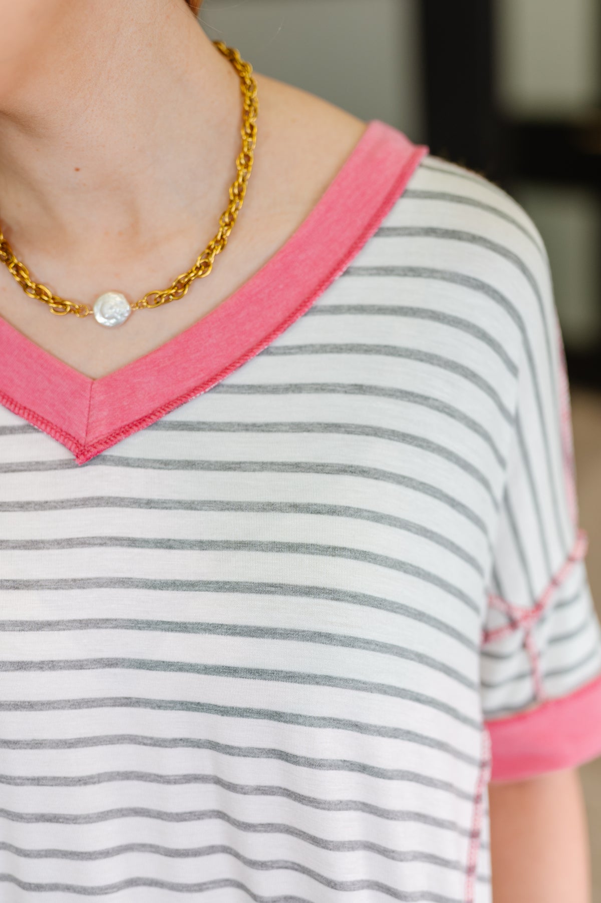 Dressed to Chill V-Neck Top in Heather/Grey/Ivory/Pink - 6/20/2025