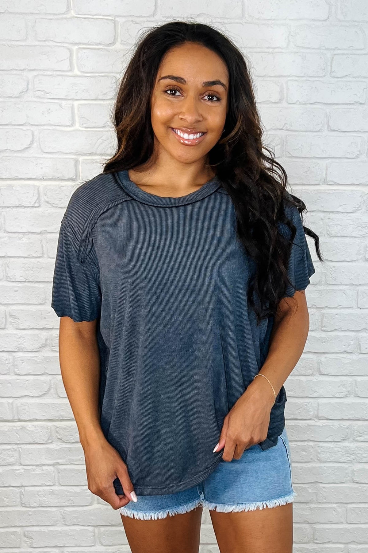 Easy Style Basic Mineral Wash Top in Ash Black - 3/19/2025