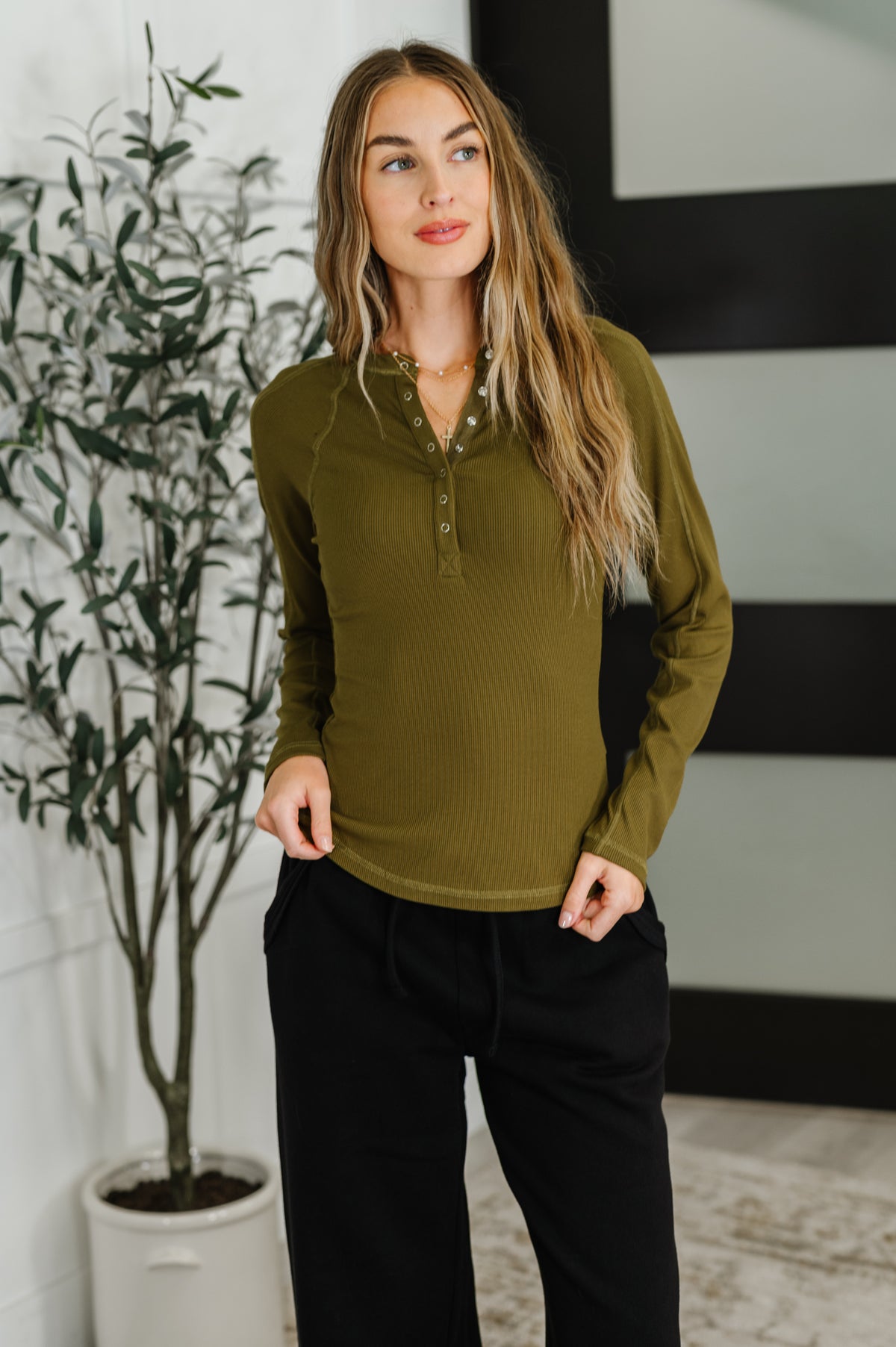 Effortless Edge Knit Henley Top in Camo Green - 8/22/2025