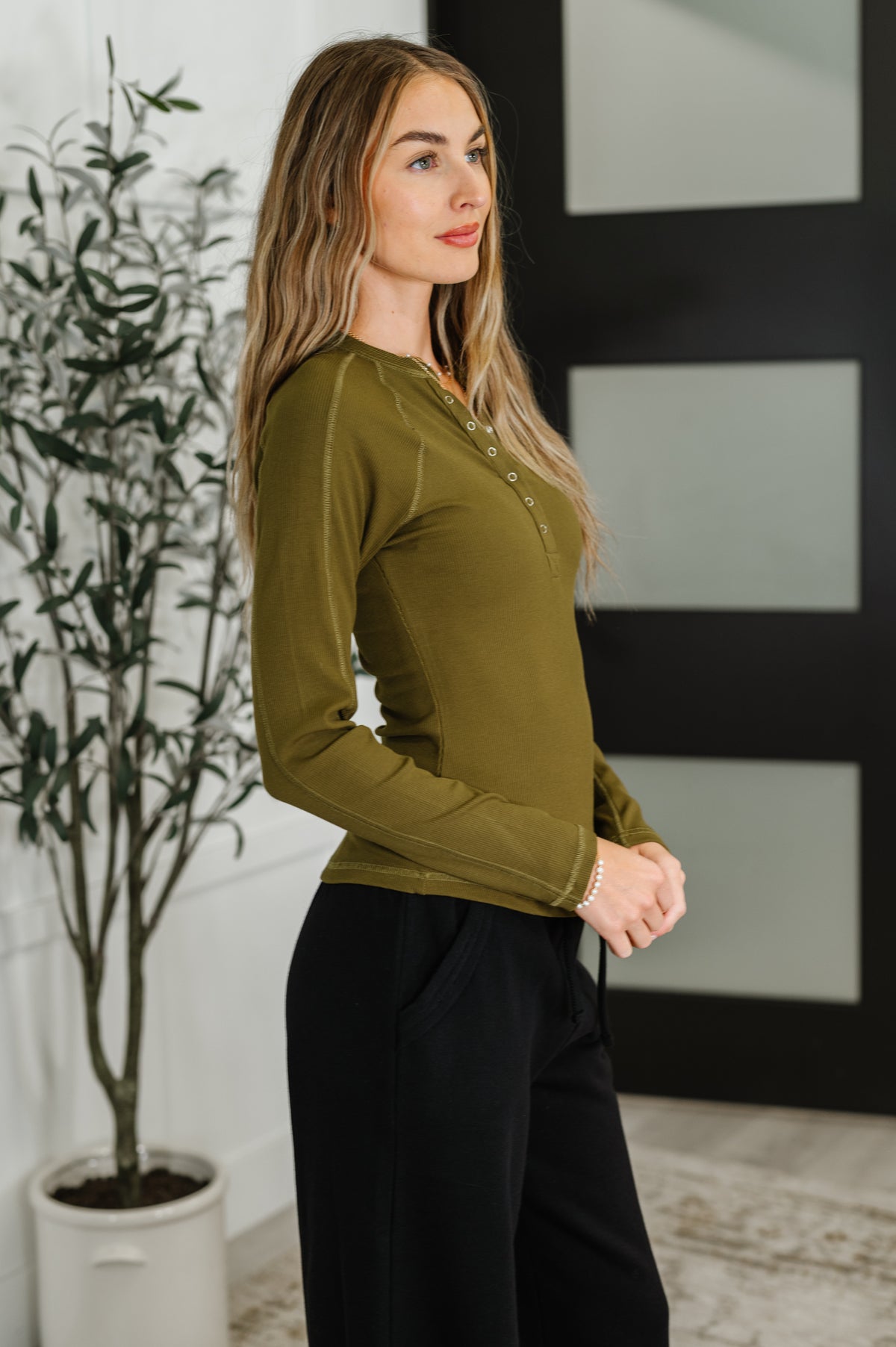 Effortless Edge Knit Henley Top in Camo Green - 8/22/2025