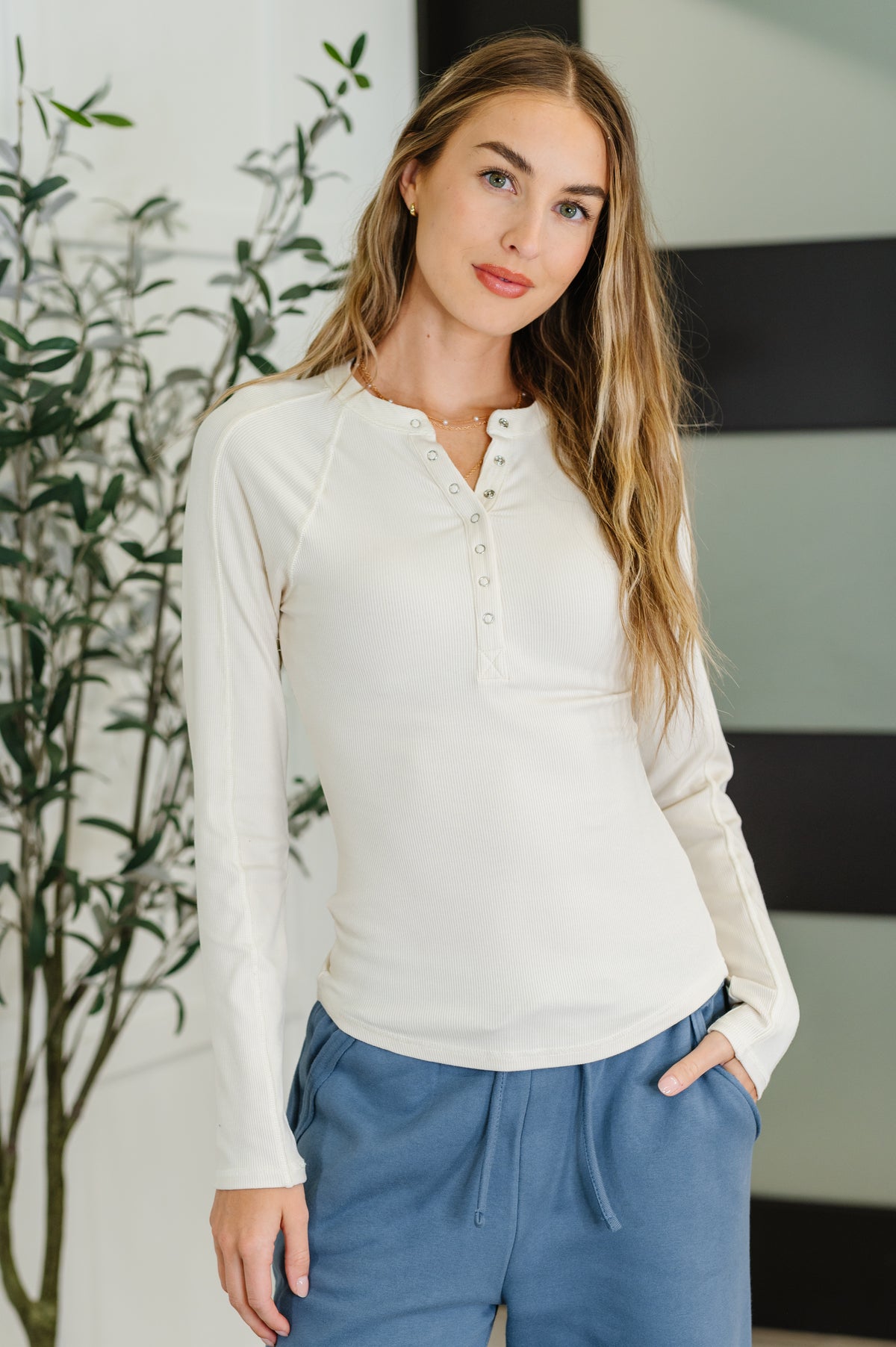 Effortless Edge Knit Henley Top in Natural - 8/22/2025