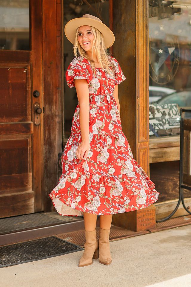 Elizabeth Midi Dress in Rust and Floral