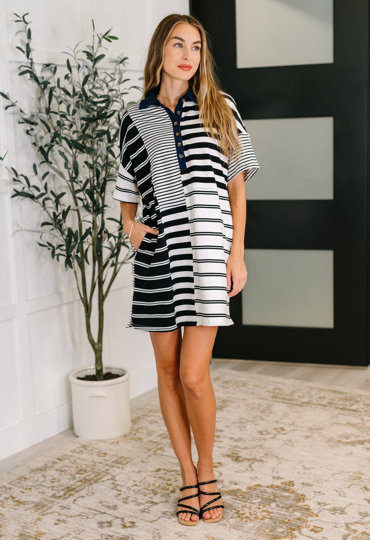Everlasting Love Striped Collared Dress in Black and Navy - 8/22/2025