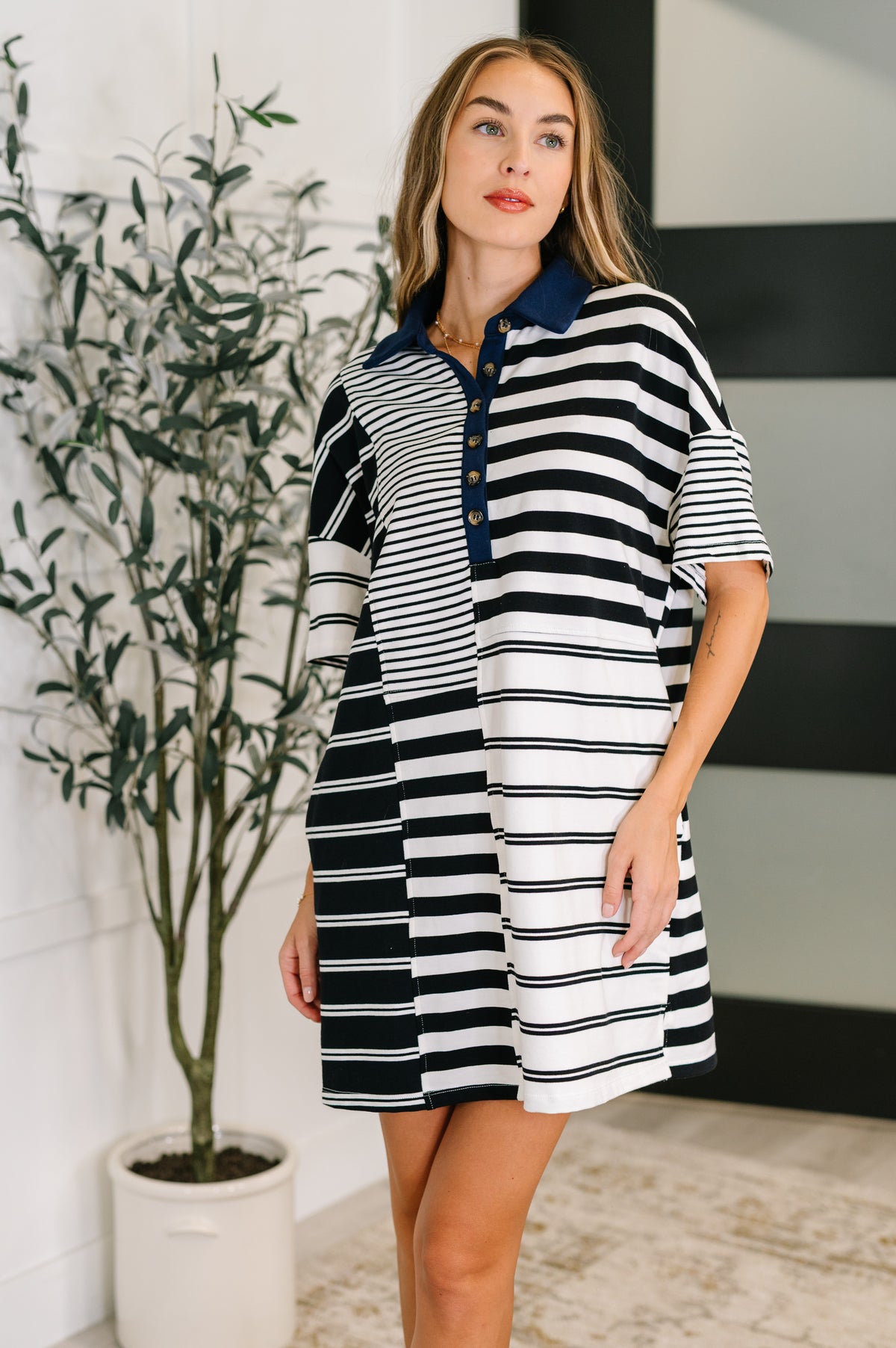 Everlasting Love Striped Collared Dress in Black and Navy - 8/22/2025