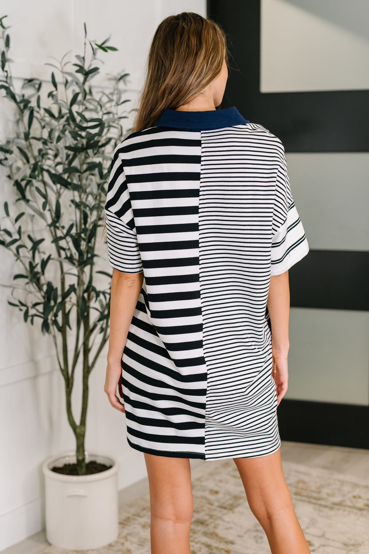 Everlasting Love Striped Collared Dress in Black and Navy - 8/22/2025