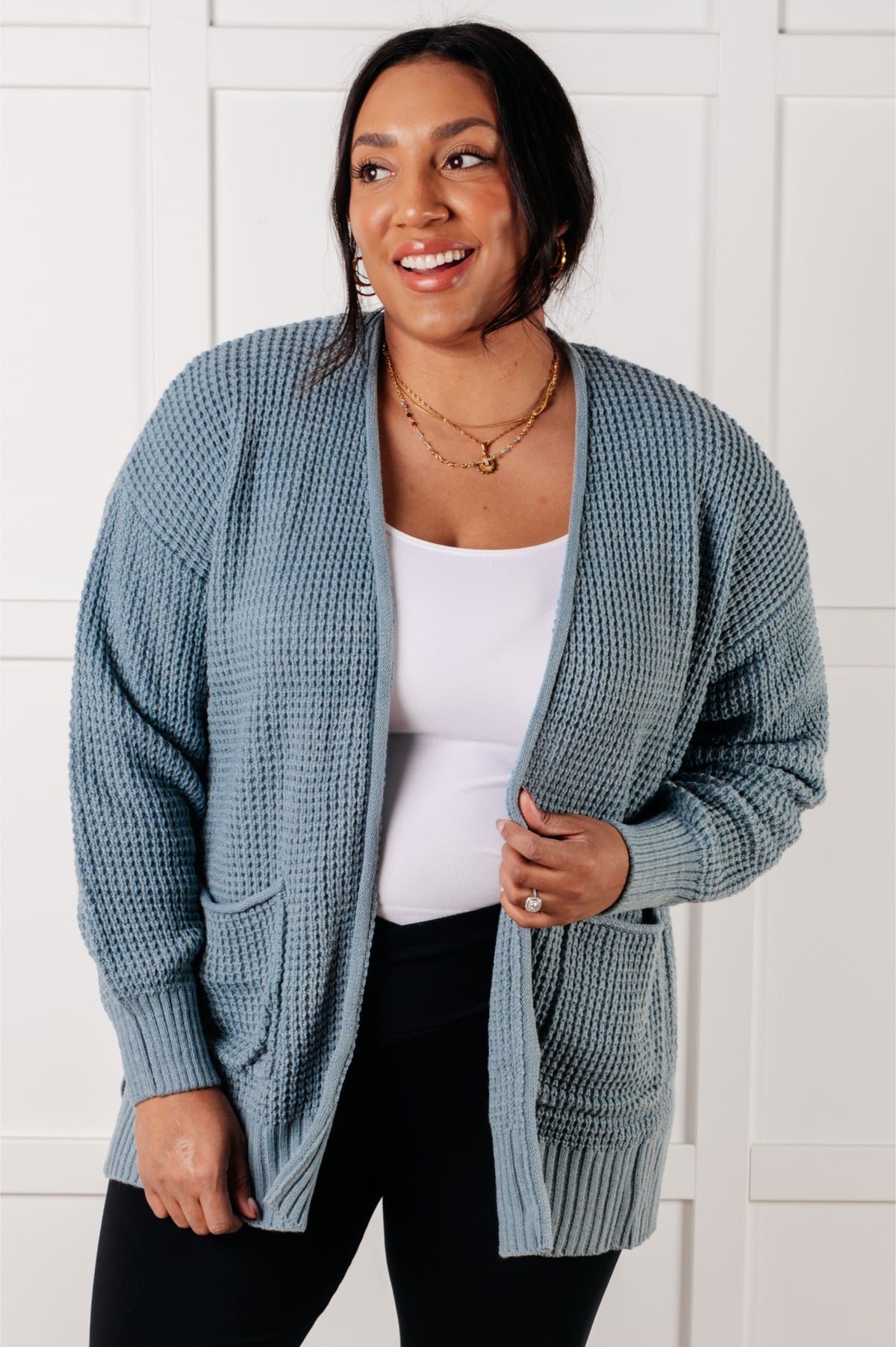 Everything Layer Waffle Knit Open Front Cardigan in Blue Grey - 1/29/2025