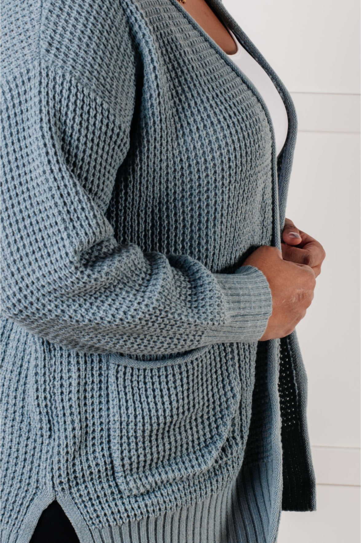 Everything Layer Waffle Knit Open Front Cardigan in Blue Grey - 1/29/2025