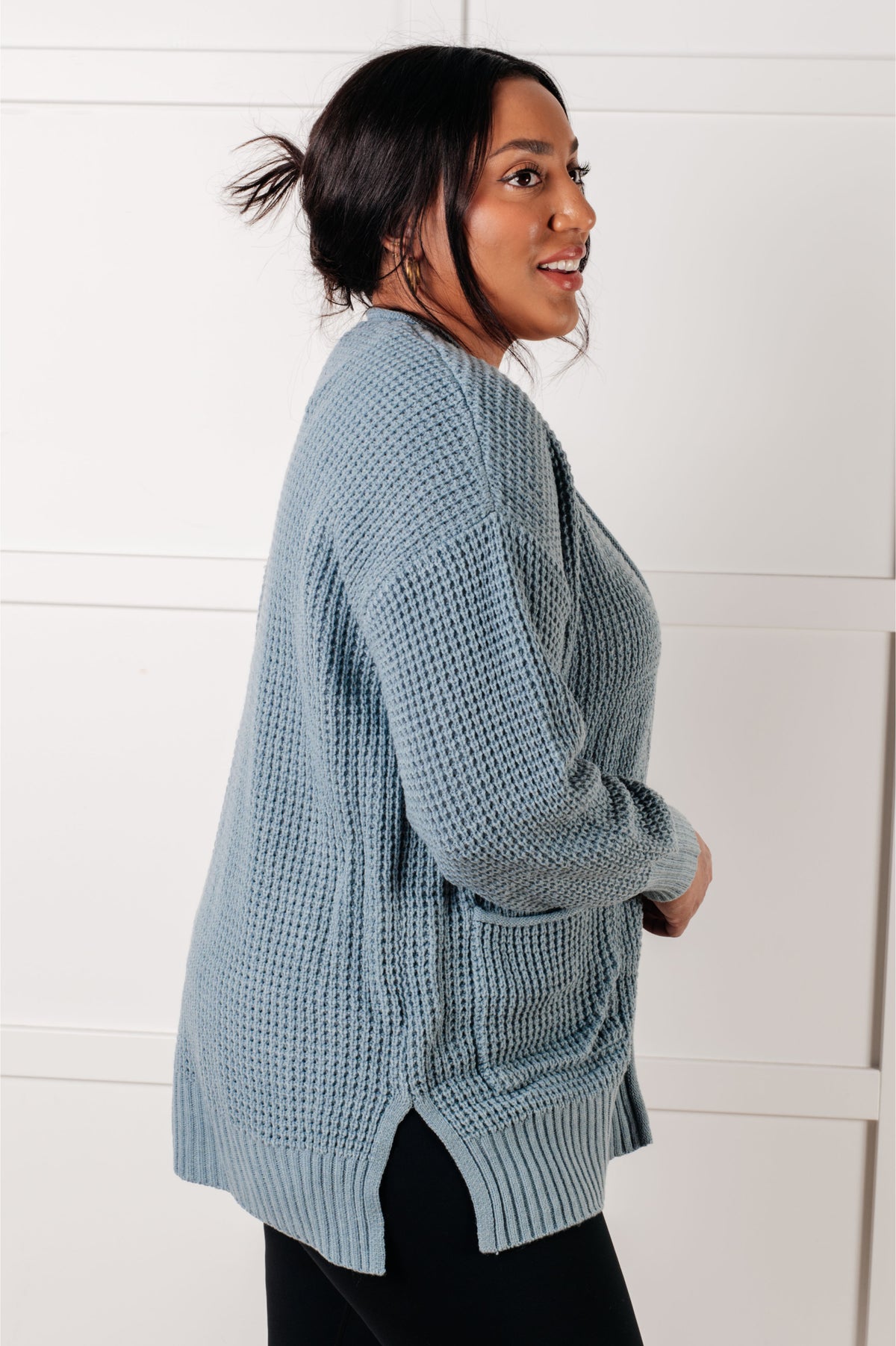 Everything Layer Waffle Knit Open Front Cardigan in Blue Grey - 1/29/2025