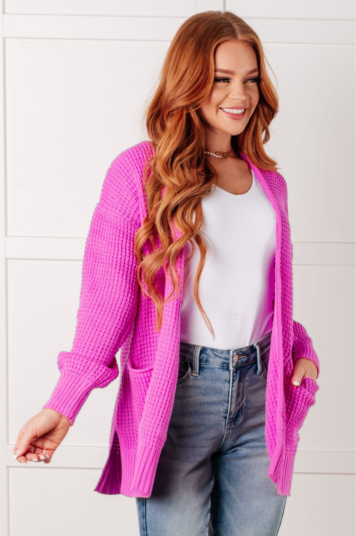 Everything Layer Waffle Knit Open Front Cardigan in Bright Mauve - 1/29/2025