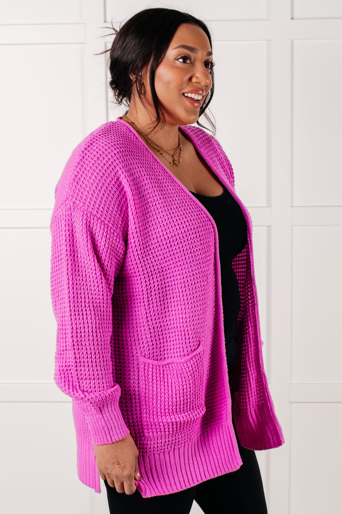 Everything Layer Waffle Knit Open Front Cardigan in Bright Mauve - 1/29/2025