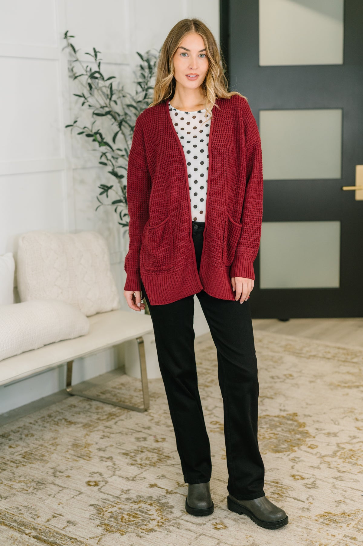 Everything Layer Waffle Knit Open Front Cardigan in Cabernet - 11/4/2026