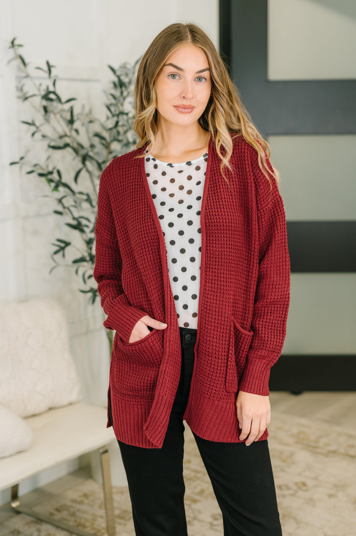 Everything Layer Waffle Knit Open Front Cardigan in Cabernet - 11/4/2026