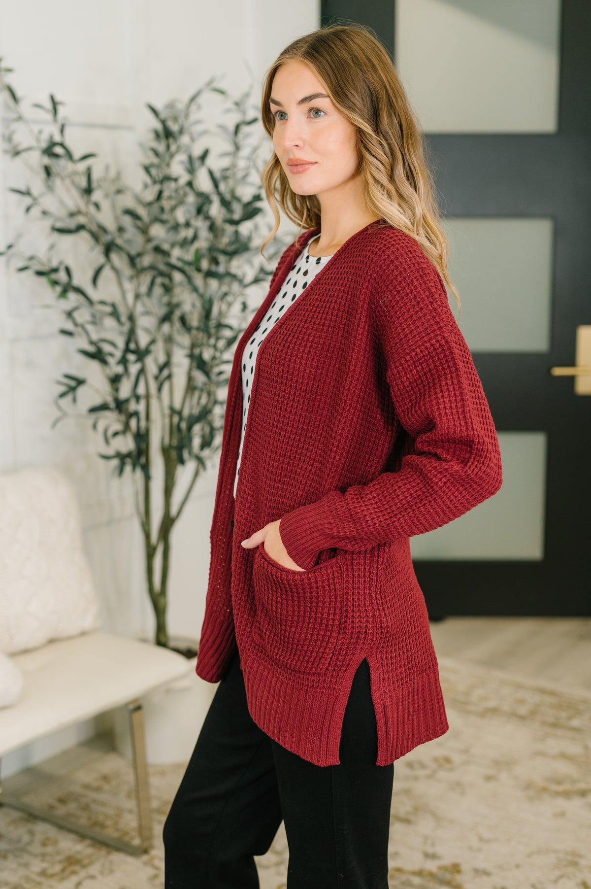 Everything Layer Waffle Knit Open Front Cardigan in Cabernet - 11/4/2026