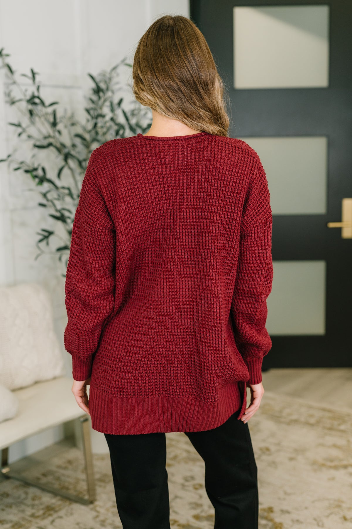 Everything Layer Waffle Knit Open Front Cardigan in Cabernet - 11/4/2026