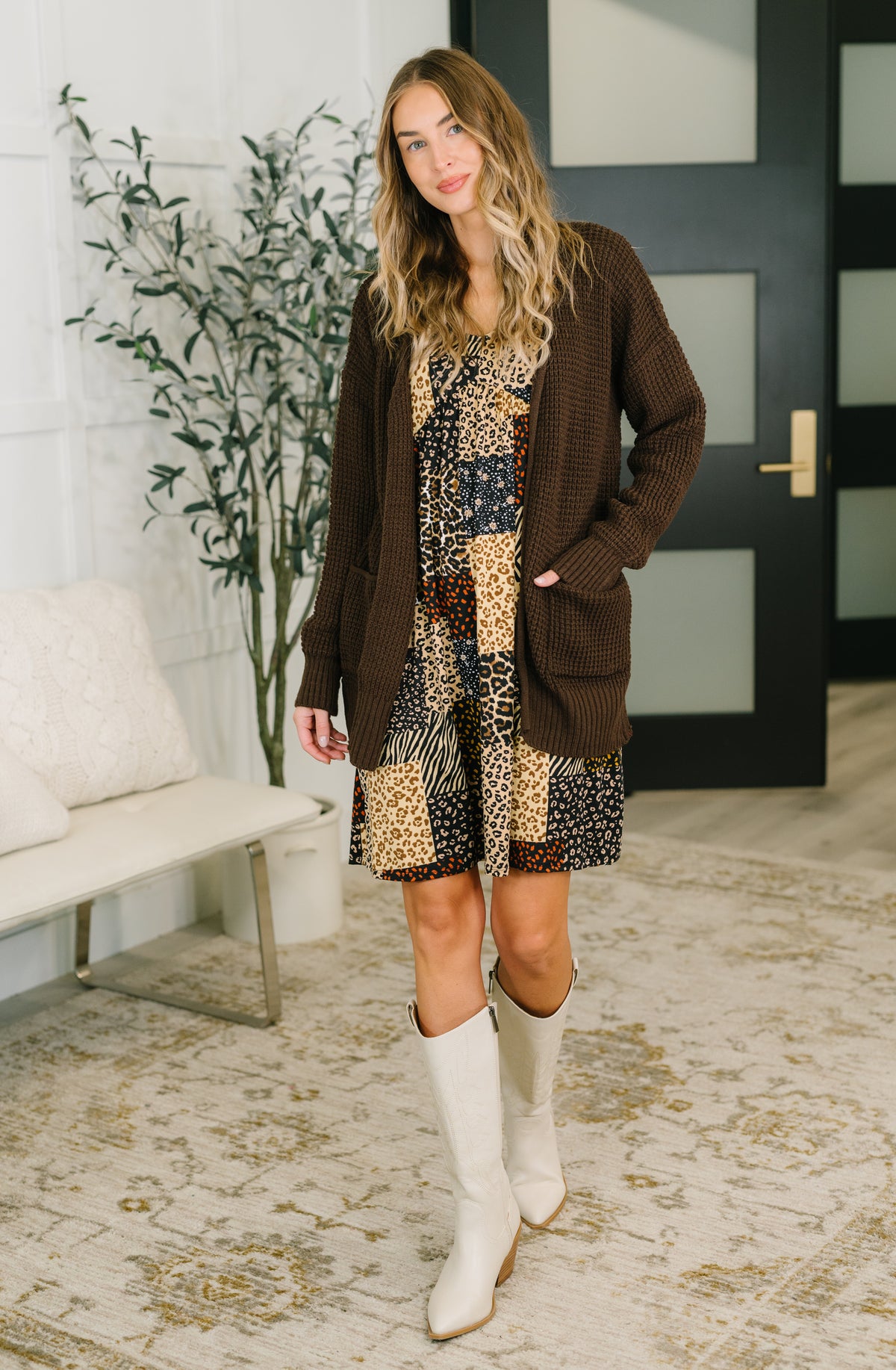 Everything Layer Waffle Knit Open Front Cardigan in Chocolate - 11/4/2026
