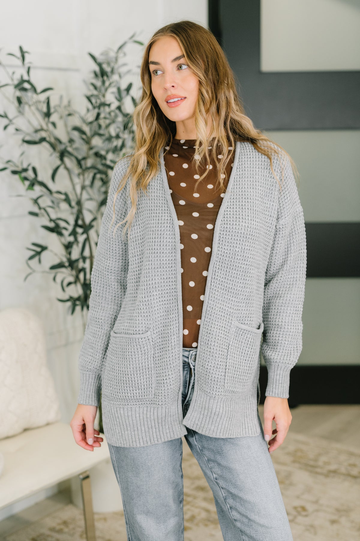 Everything Layer Waffle Knit Open Front Cardigan in Grey - 11/4/2026