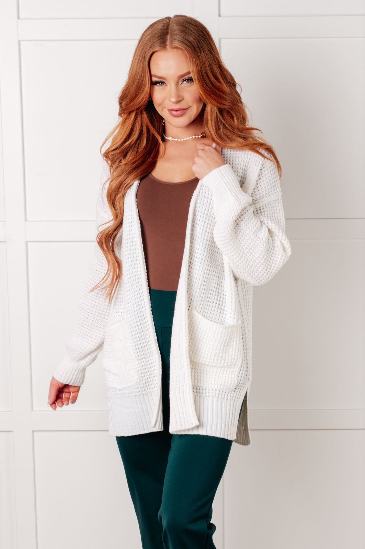 Everything Layer Waffle Knit Open Front Cardigan in Ivory - 1/29/2025