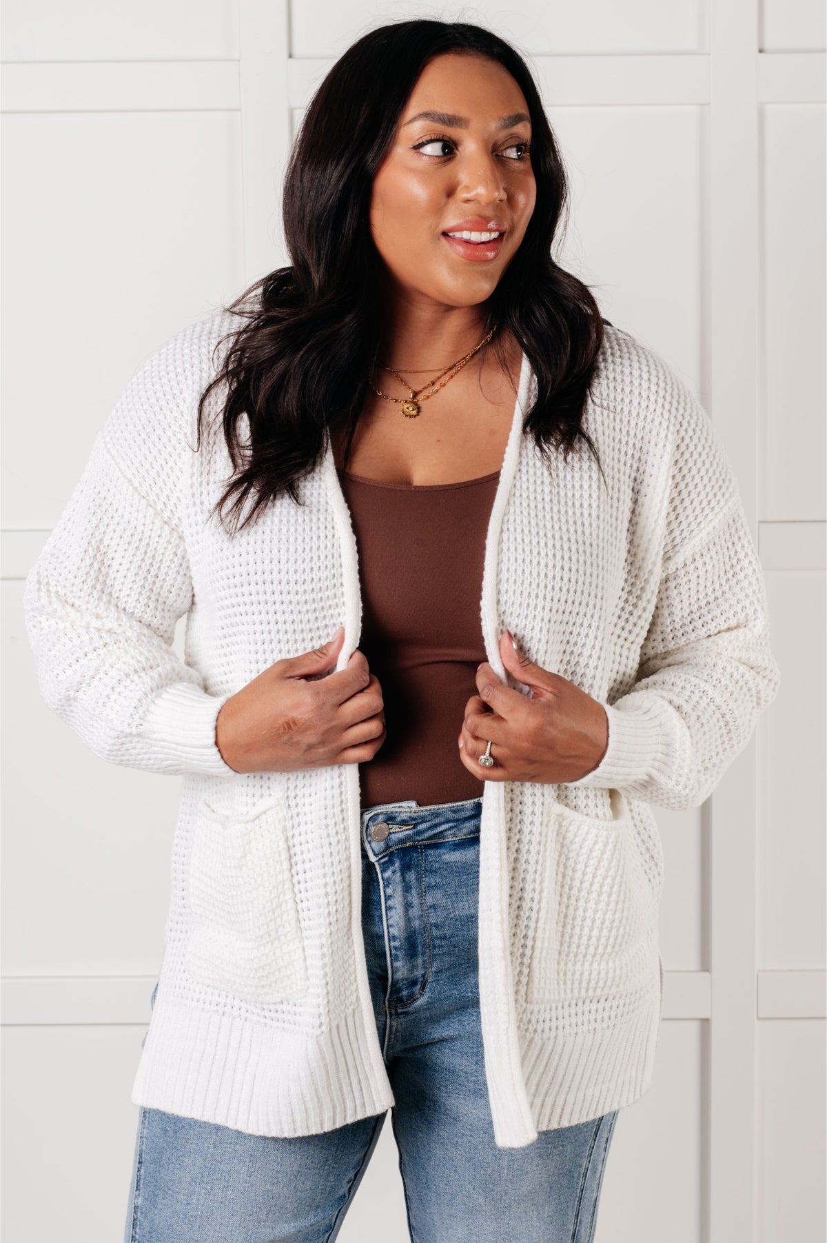 Everything Layer Waffle Knit Open Front Cardigan in Ivory - 1/29/2025