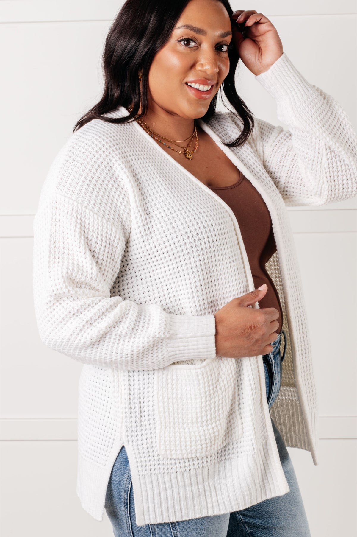 Everything Layer Waffle Knit Open Front Cardigan in Ivory - 1/29/2025