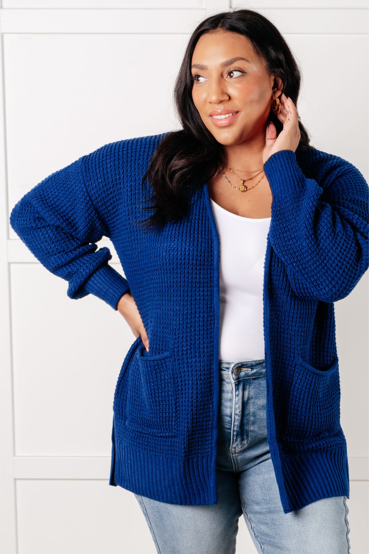 Everything Layer Waffle Knit Open Front Cardigan in Light Navy - 1/29/2025