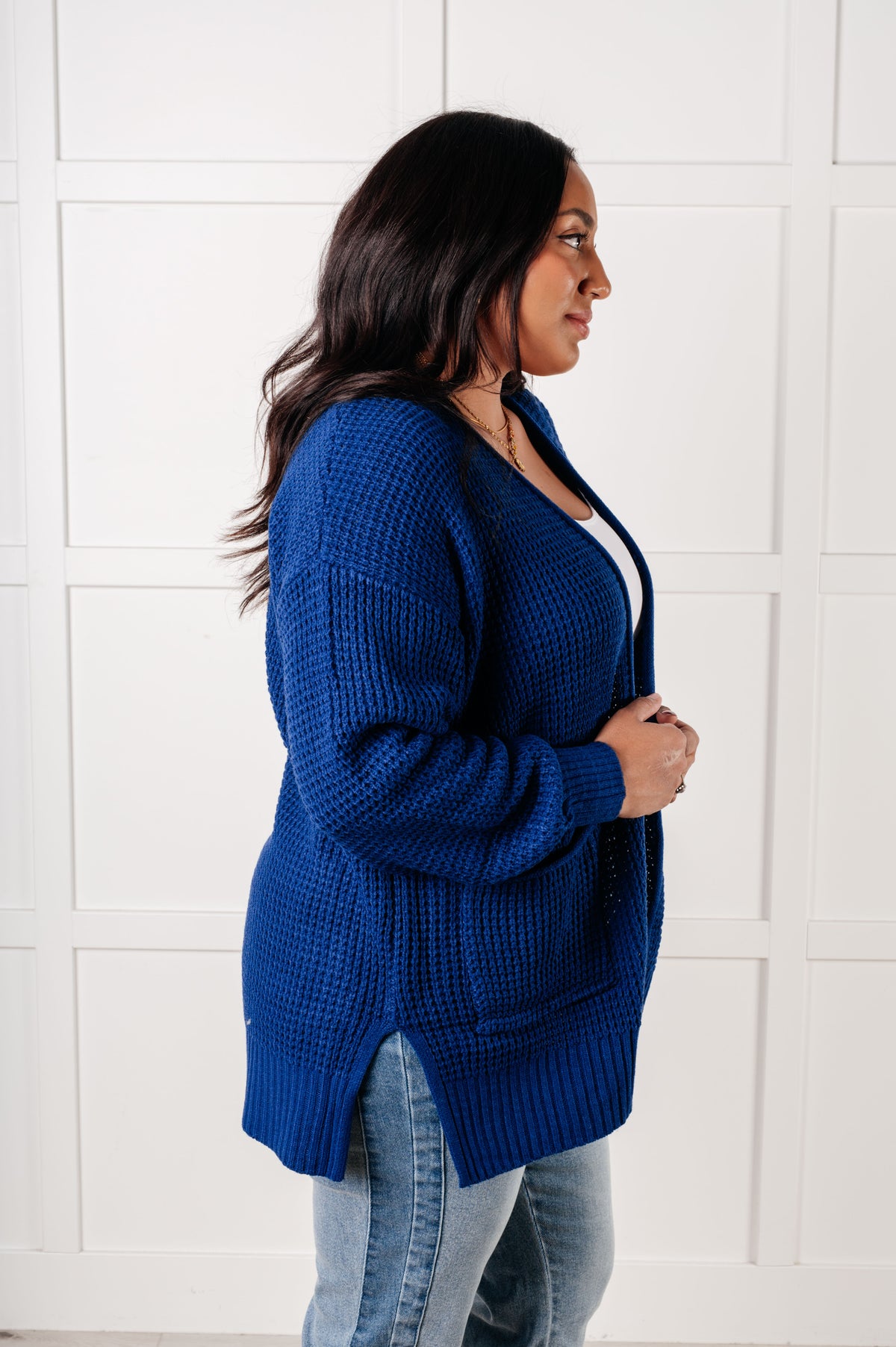 Everything Layer Waffle Knit Open Front Cardigan in Light Navy - 1/29/2025