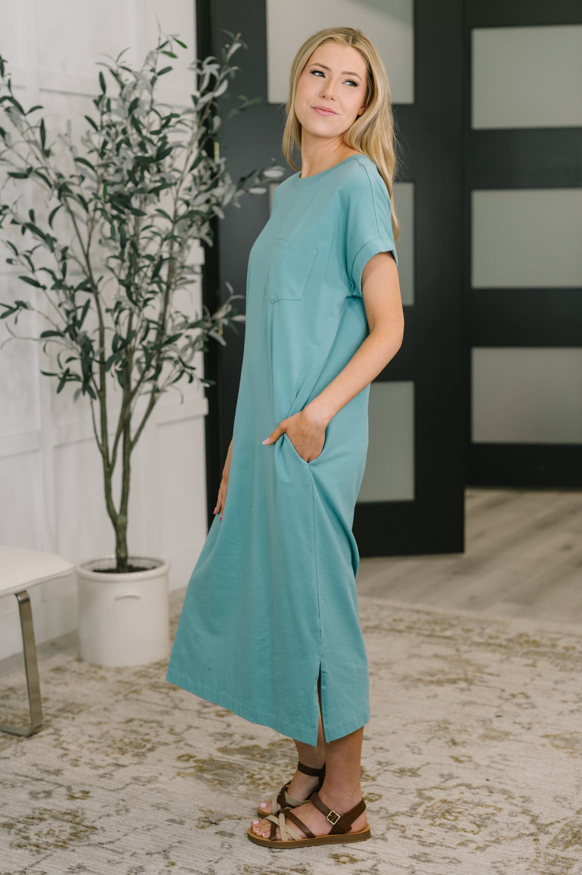 Fix You Right Up Short Sleeve Midi Dress in Dusty Teal - 4/1/2026