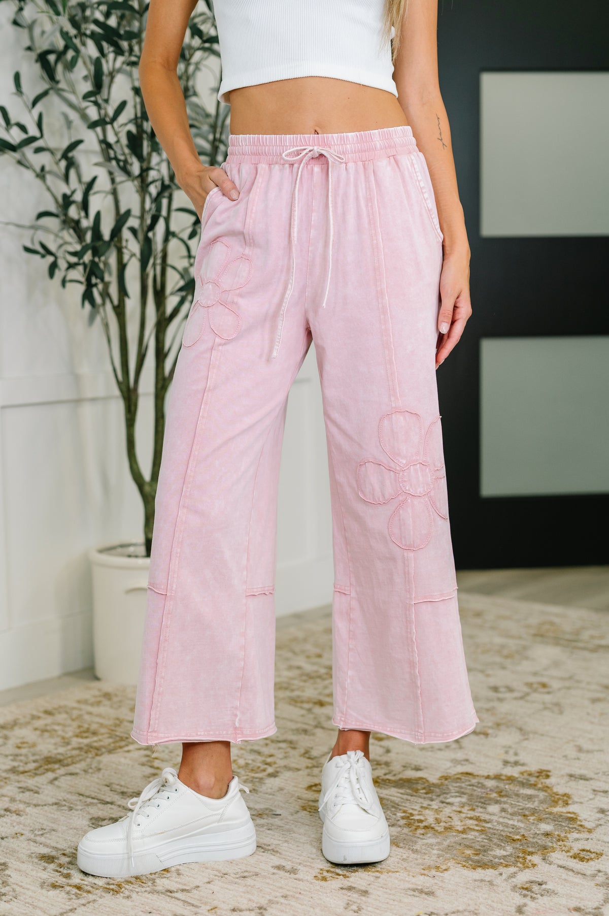 PREORDER: Flower Applique Cropped Flare Bottoms in Light Pink - Ships in 4 weeks