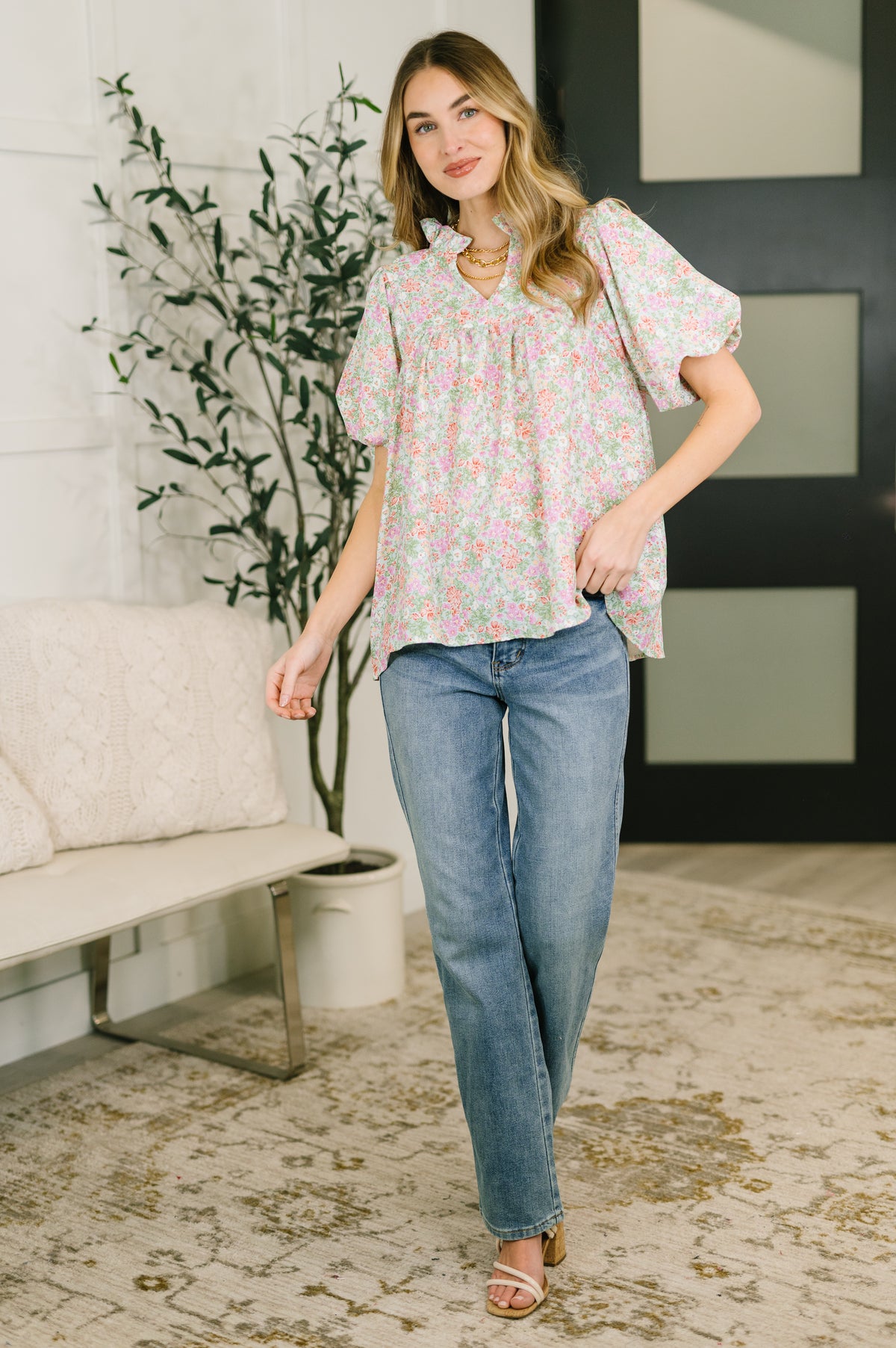 Flower Picking Notch Neck Blouse - 3/6/2026