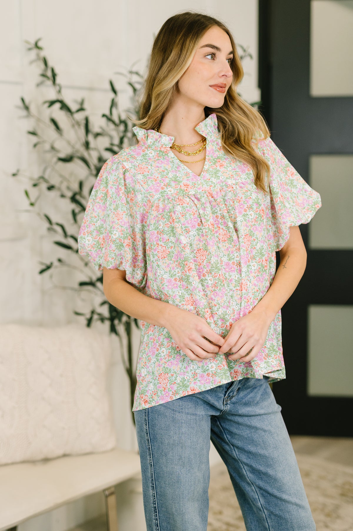 Flower Picking Notch Neck Blouse - 3/6/2026