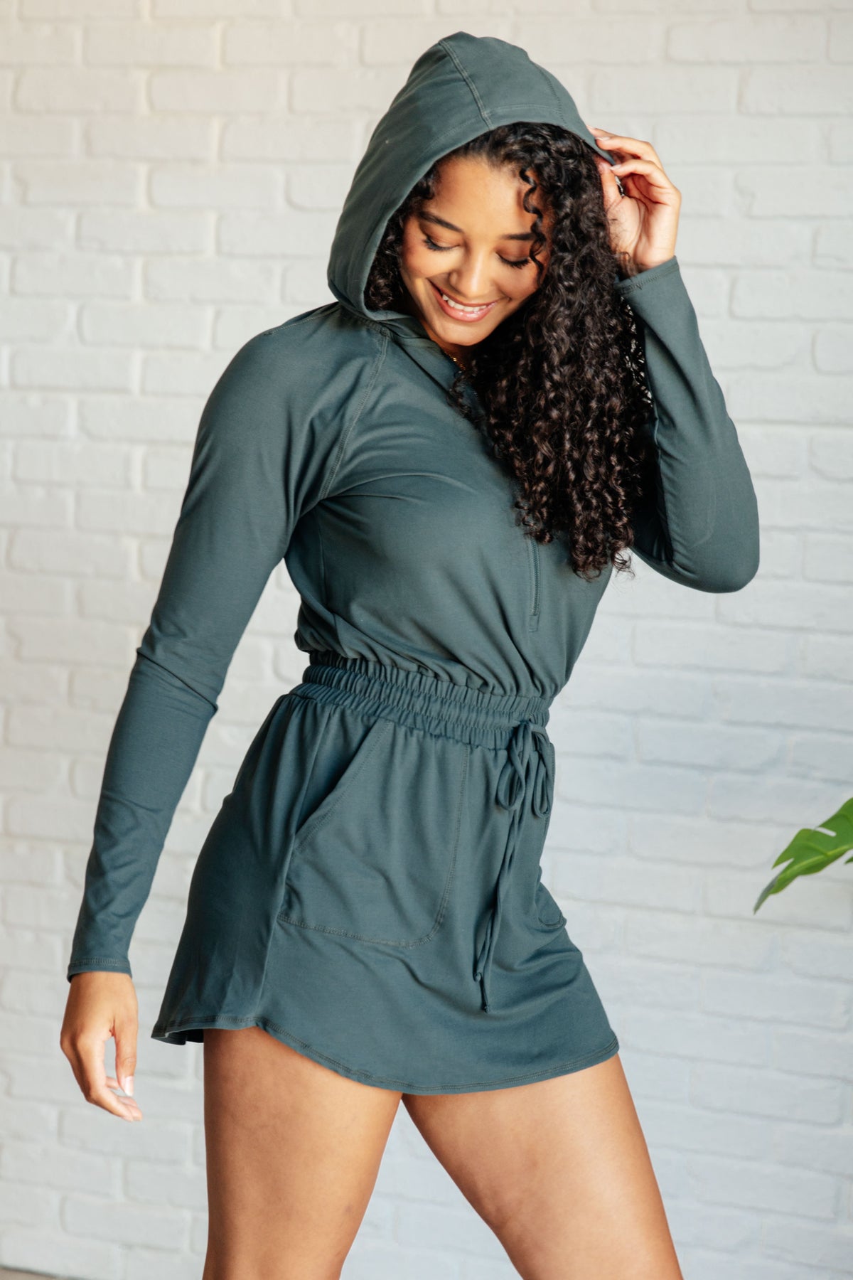 Getting Out Long Sleeve Hoodie Romper in Smoked Spruce - 8/6/2024