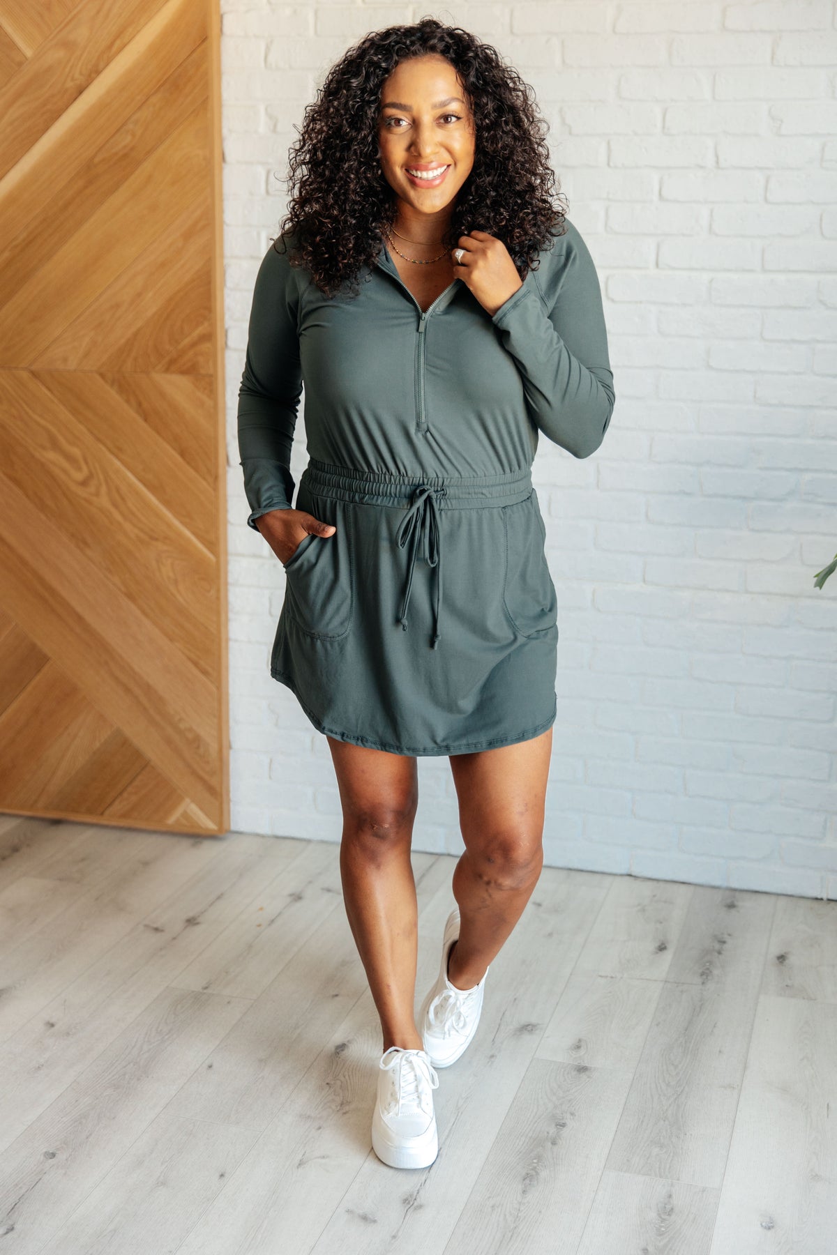 Getting Out Long Sleeve Hoodie Romper in Smoked Spruce - 8/6/2024